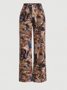 Baroque-Print Wide-Leg Jeans in Brown Multi